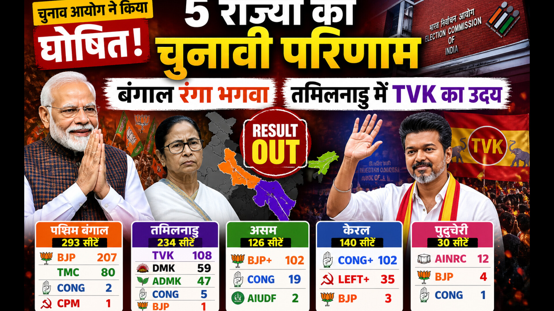 चुनावी नतीजे: 5 राज्यों में बदला सत्ता संतुलन, बंगाल से केरलम तक  चौंकाने वाले आंकड़े